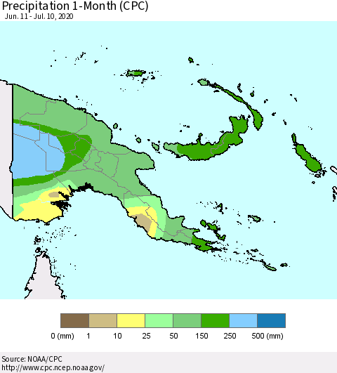Papua New Guinea Precipitation 1-Month (CPC) Thematic Map For 6/11/2020 - 7/10/2020