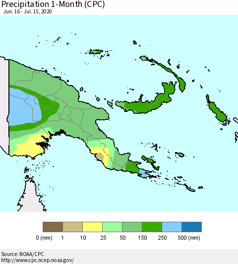 Papua New Guinea Precipitation 1-Month (CPC) Thematic Map For 6/16/2020 - 7/15/2020