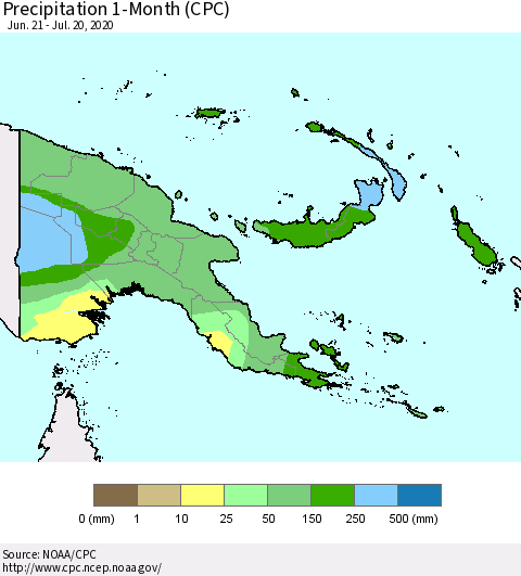 Papua New Guinea Precipitation 1-Month (CPC) Thematic Map For 6/21/2020 - 7/20/2020
