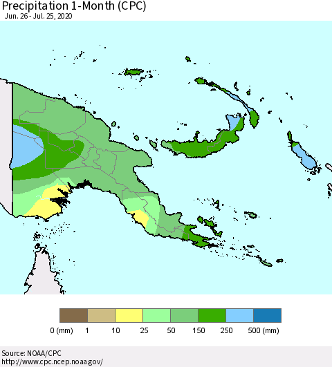 Papua New Guinea Precipitation 1-Month (CPC) Thematic Map For 6/26/2020 - 7/25/2020