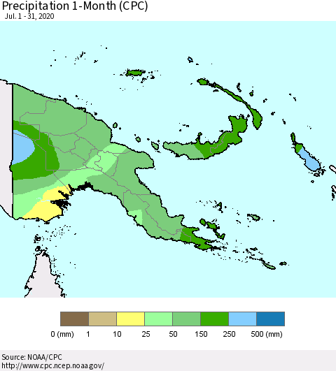 Papua New Guinea Precipitation 1-Month (CPC) Thematic Map For 7/1/2020 - 7/31/2020