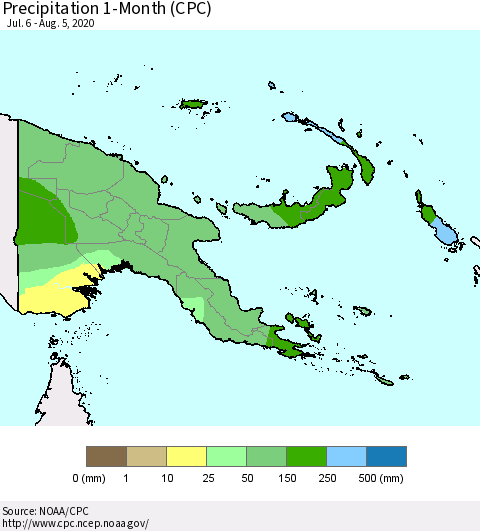 Papua New Guinea Precipitation 1-Month (CPC) Thematic Map For 7/6/2020 - 8/5/2020