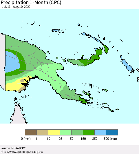 Papua New Guinea Precipitation 1-Month (CPC) Thematic Map For 7/11/2020 - 8/10/2020