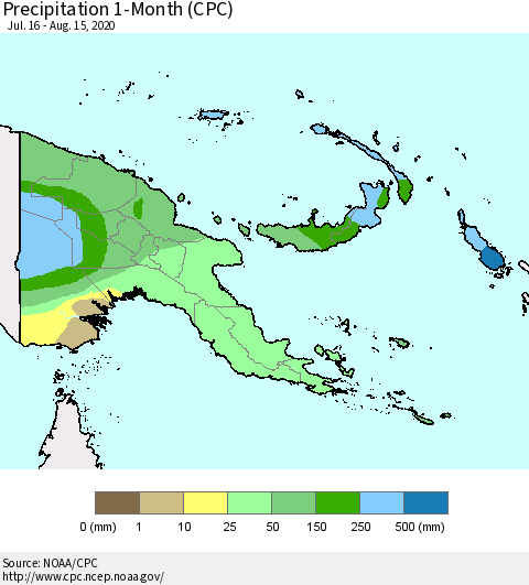 Papua New Guinea Precipitation 1-Month (CPC) Thematic Map For 7/16/2020 - 8/15/2020