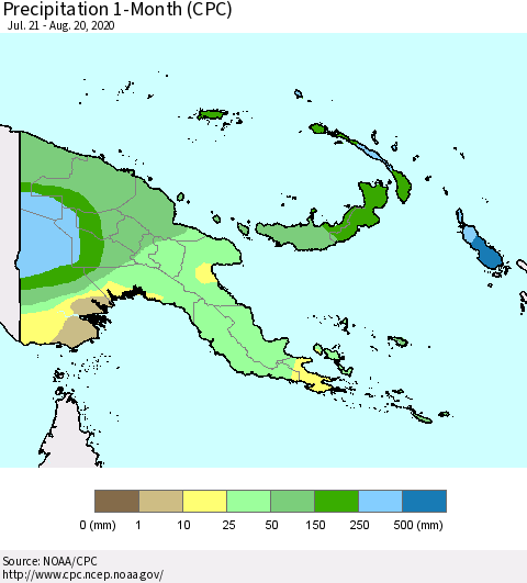 Papua New Guinea Precipitation 1-Month (CPC) Thematic Map For 7/21/2020 - 8/20/2020