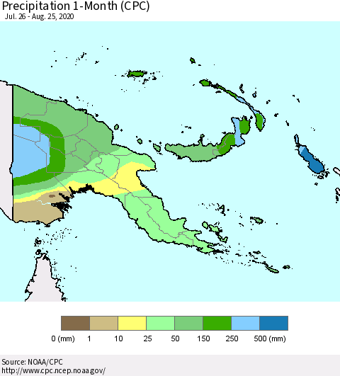 Papua New Guinea Precipitation 1-Month (CPC) Thematic Map For 7/26/2020 - 8/25/2020