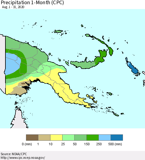 Papua New Guinea Precipitation 1-Month (CPC) Thematic Map For 8/1/2020 - 8/31/2020