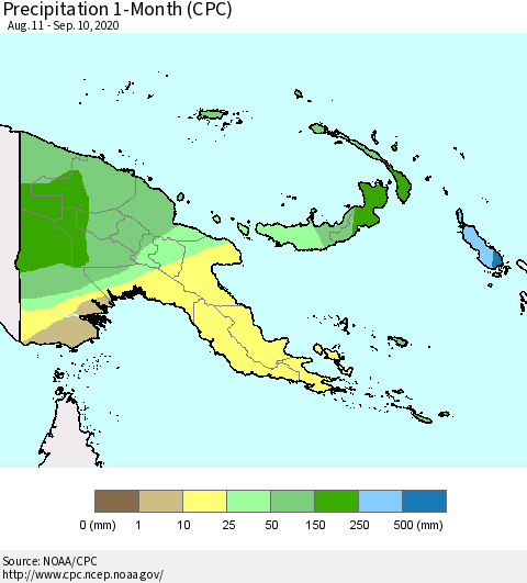 Papua New Guinea Precipitation 1-Month (CPC) Thematic Map For 8/11/2020 - 9/10/2020