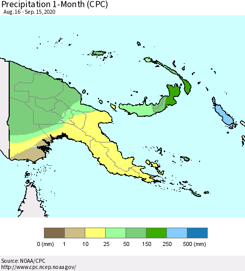 Papua New Guinea Precipitation 1-Month (CPC) Thematic Map For 8/16/2020 - 9/15/2020
