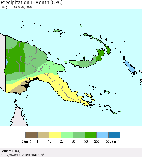 Papua New Guinea Precipitation 1-Month (CPC) Thematic Map For 8/21/2020 - 9/20/2020