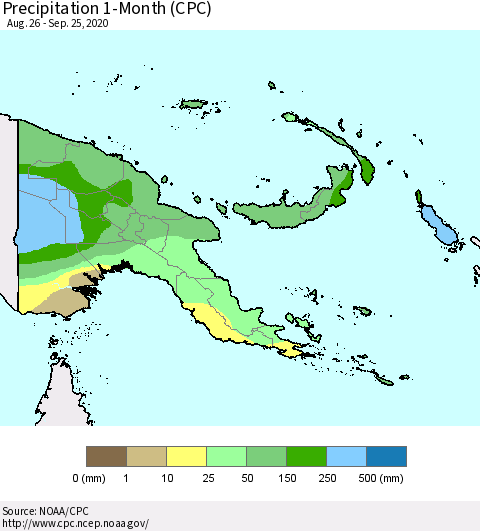 Papua New Guinea Precipitation 1-Month (CPC) Thematic Map For 8/26/2020 - 9/25/2020