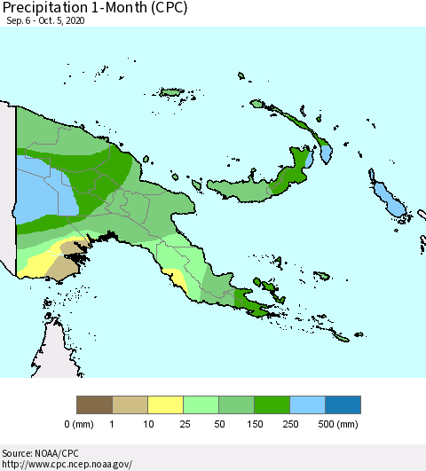 Papua New Guinea Precipitation 1-Month (CPC) Thematic Map For 9/6/2020 - 10/5/2020