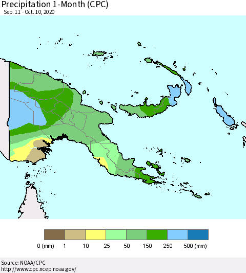Papua New Guinea Precipitation 1-Month (CPC) Thematic Map For 9/11/2020 - 10/10/2020