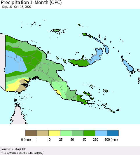 Papua New Guinea Precipitation 1-Month (CPC) Thematic Map For 9/16/2020 - 10/15/2020