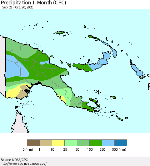 Papua New Guinea Precipitation 1-Month (CPC) Thematic Map For 9/21/2020 - 10/20/2020