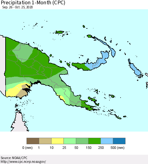 Papua New Guinea Precipitation 1-Month (CPC) Thematic Map For 9/26/2020 - 10/25/2020