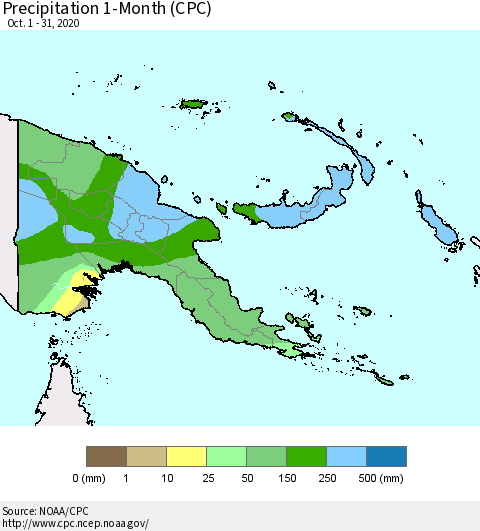 Papua New Guinea Precipitation 1-Month (CPC) Thematic Map For 10/1/2020 - 10/31/2020