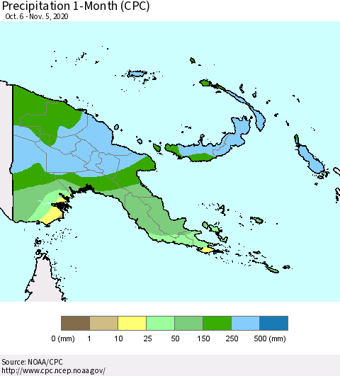 Papua New Guinea Precipitation 1-Month (CPC) Thematic Map For 10/6/2020 - 11/5/2020