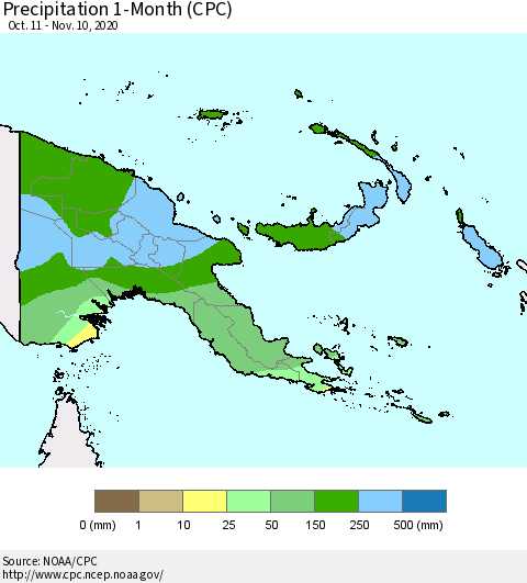 Papua New Guinea Precipitation 1-Month (CPC) Thematic Map For 10/11/2020 - 11/10/2020