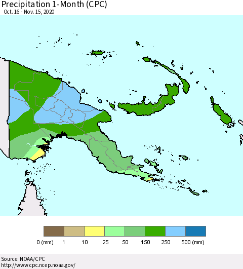 Papua New Guinea Precipitation 1-Month (CPC) Thematic Map For 10/16/2020 - 11/15/2020