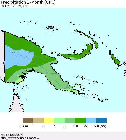 Papua New Guinea Precipitation 1-Month (CPC) Thematic Map For 10/21/2020 - 11/20/2020
