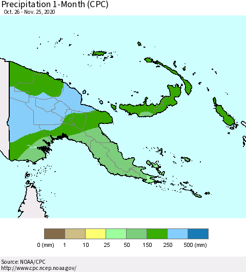 Papua New Guinea Precipitation 1-Month (CPC) Thematic Map For 10/26/2020 - 11/25/2020