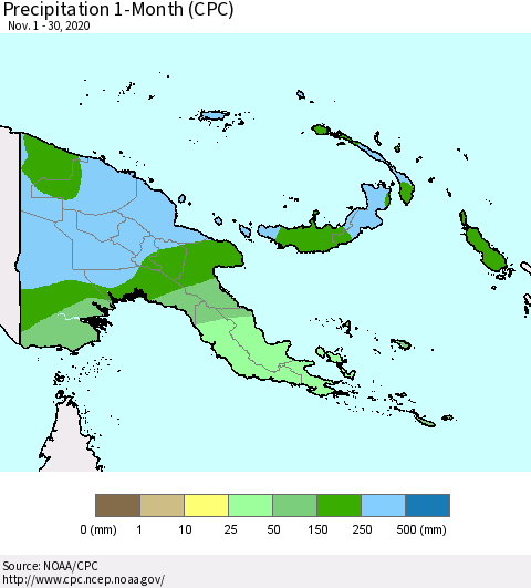 Papua New Guinea Precipitation 1-Month (CPC) Thematic Map For 11/1/2020 - 11/30/2020