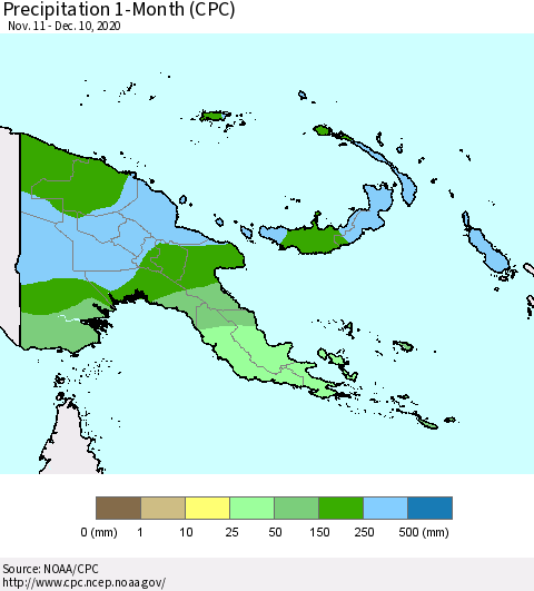 Papua New Guinea Precipitation 1-Month (CPC) Thematic Map For 11/11/2020 - 12/10/2020