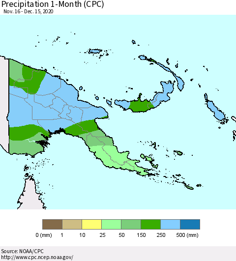 Papua New Guinea Precipitation 1-Month (CPC) Thematic Map For 11/16/2020 - 12/15/2020