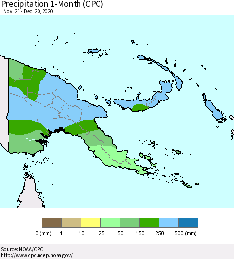 Papua New Guinea Precipitation 1-Month (CPC) Thematic Map For 11/21/2020 - 12/20/2020