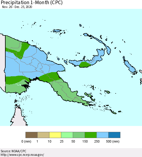Papua New Guinea Precipitation 1-Month (CPC) Thematic Map For 11/26/2020 - 12/25/2020