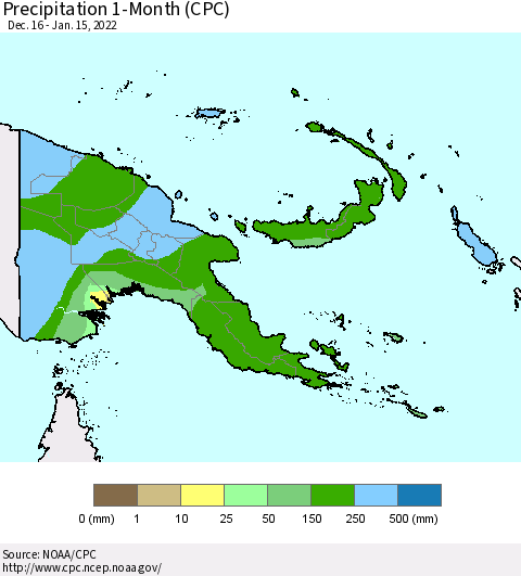 Papua New Guinea Precipitation 1-Month (CPC) Thematic Map For 12/16/2021 - 1/15/2022