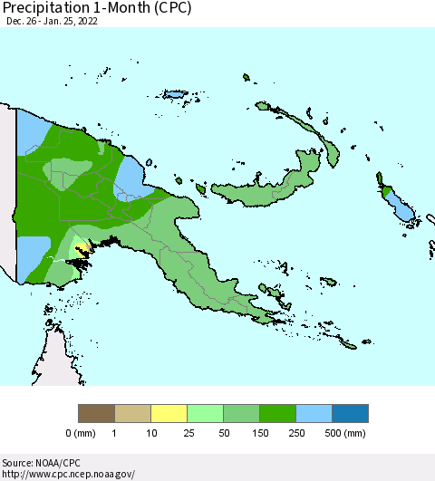 Papua New Guinea Precipitation 1-Month (CPC) Thematic Map For 12/26/2021 - 1/25/2022