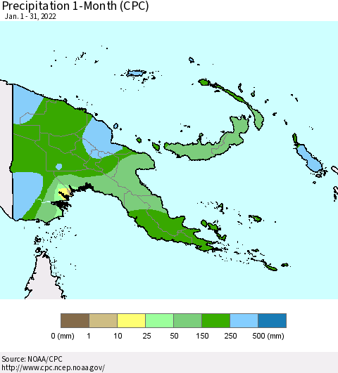 Papua New Guinea Precipitation 1-Month (CPC) Thematic Map For 1/1/2022 - 1/31/2022