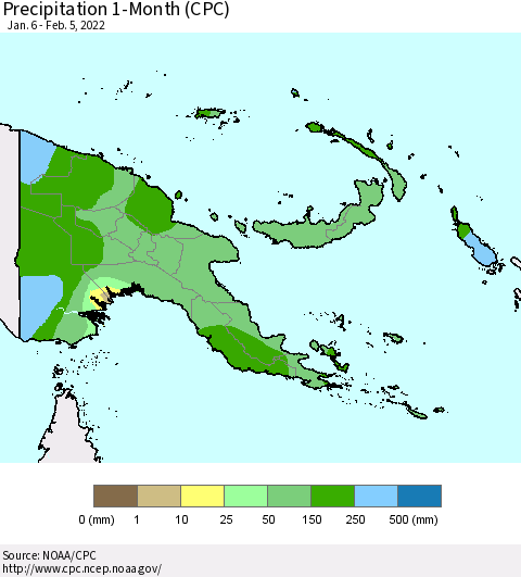 Papua New Guinea Precipitation 1-Month (CPC) Thematic Map For 1/6/2022 - 2/5/2022