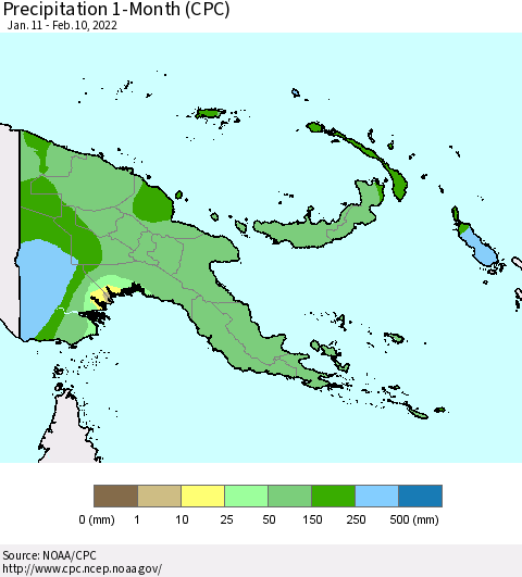 Papua New Guinea Precipitation 1-Month (CPC) Thematic Map For 1/11/2022 - 2/10/2022