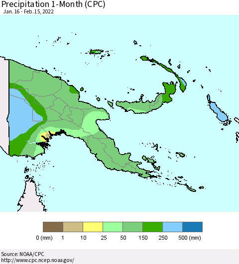 Papua New Guinea Precipitation 1-Month (CPC) Thematic Map For 1/16/2022 - 2/15/2022