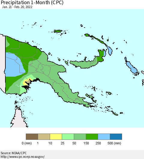 Papua New Guinea Precipitation 1-Month (CPC) Thematic Map For 1/21/2022 - 2/20/2022