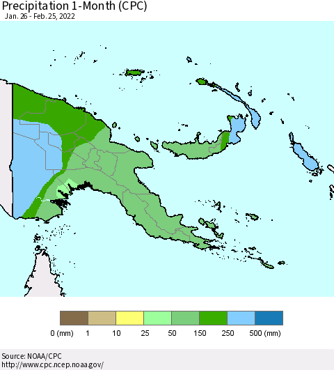 Papua New Guinea Precipitation 1-Month (CPC) Thematic Map For 1/26/2022 - 2/25/2022
