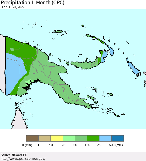 Papua New Guinea Precipitation 1-Month (CPC) Thematic Map For 2/1/2022 - 2/28/2022