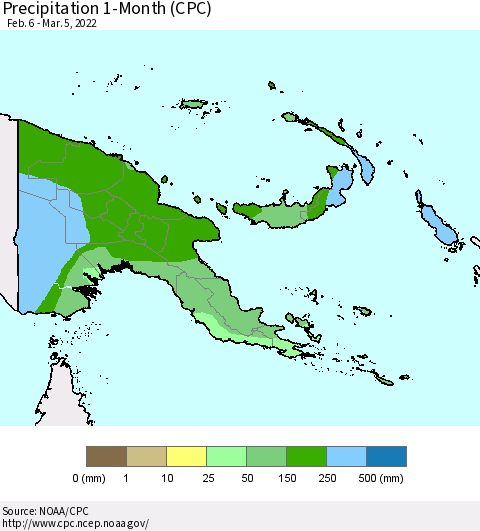 Papua New Guinea Precipitation 1-Month (CPC) Thematic Map For 2/6/2022 - 3/5/2022