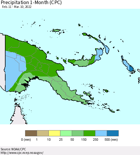 Papua New Guinea Precipitation 1-Month (CPC) Thematic Map For 2/11/2022 - 3/10/2022