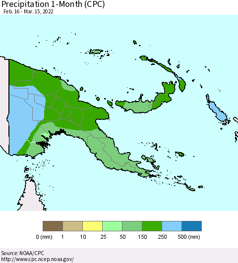 Papua New Guinea Precipitation 1-Month (CPC) Thematic Map For 2/16/2022 - 3/15/2022