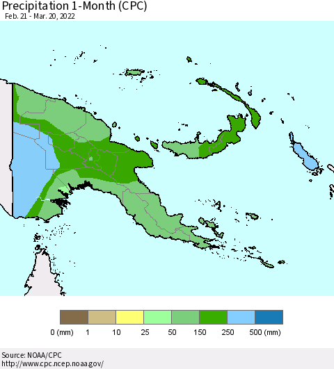 Papua New Guinea Precipitation 1-Month (CPC) Thematic Map For 2/21/2022 - 3/20/2022