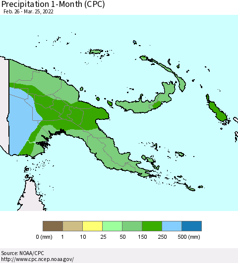 Papua New Guinea Precipitation 1-Month (CPC) Thematic Map For 2/26/2022 - 3/25/2022