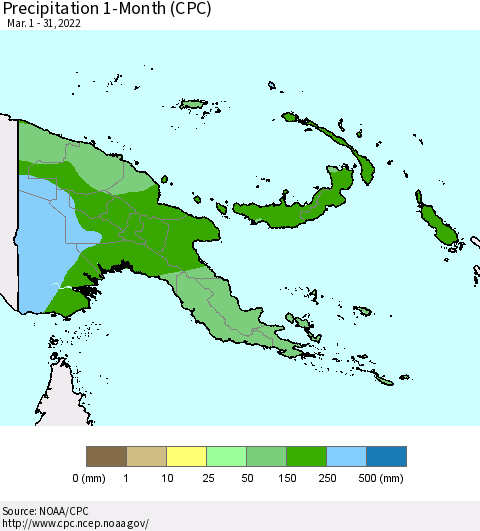 Papua New Guinea Precipitation 1-Month (CPC) Thematic Map For 3/1/2022 - 3/31/2022