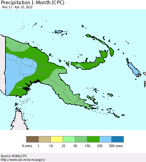 Papua New Guinea Precipitation 1-Month (CPC) Thematic Map For 3/11/2022 - 4/10/2022
