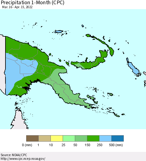 Papua New Guinea Precipitation 1-Month (CPC) Thematic Map For 3/16/2022 - 4/15/2022