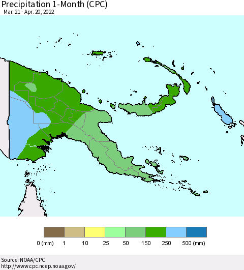 Papua New Guinea Precipitation 1-Month (CPC) Thematic Map For 3/21/2022 - 4/20/2022