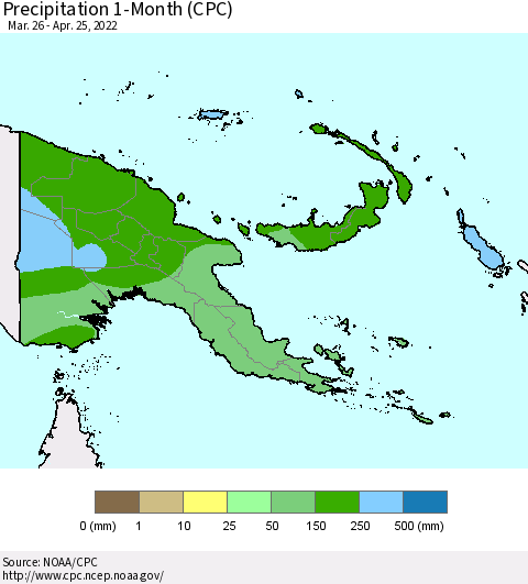 Papua New Guinea Precipitation 1-Month (CPC) Thematic Map For 3/26/2022 - 4/25/2022
